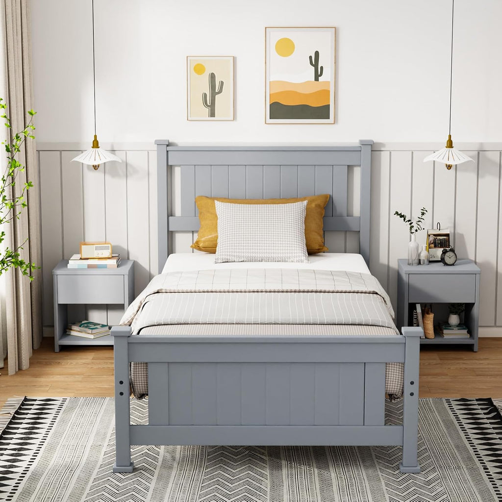 VINGLI Twin Size Set of 2 Solid Wood Bed with Headboard, Sturdy & Durable Construction,Modern Minimalist Panel Platform Bed with Strong Support for Kids,Adults & Guests,Sleigh Bed,Gray