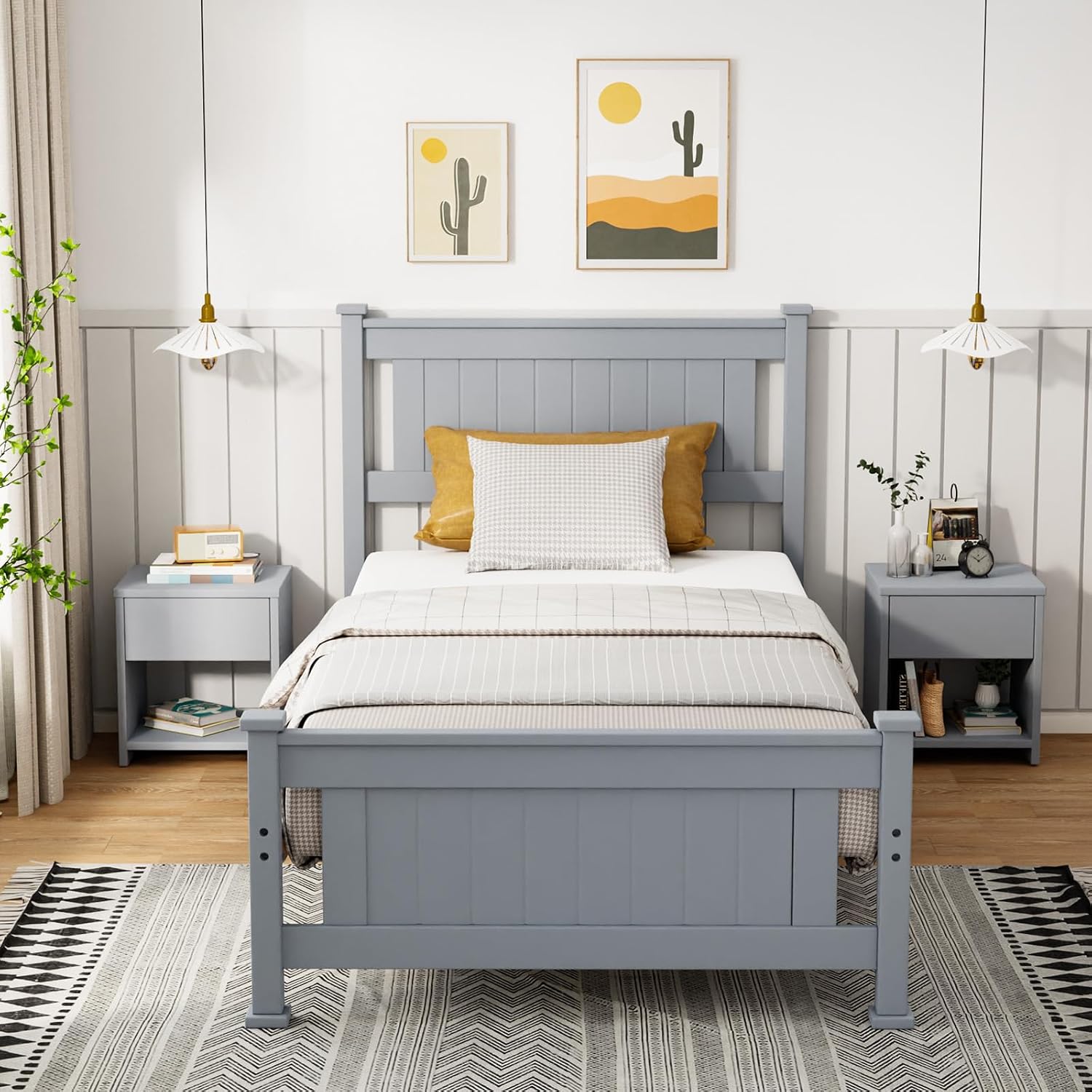 VINGLI Twin Size Set of 2 Solid Wood Bed with Headboard, Sturdy & Durable Construction,Modern Minimalist Panel Platform Bed with Strong Support for Kids,Adults & Guests,Sleigh Bed,Gray