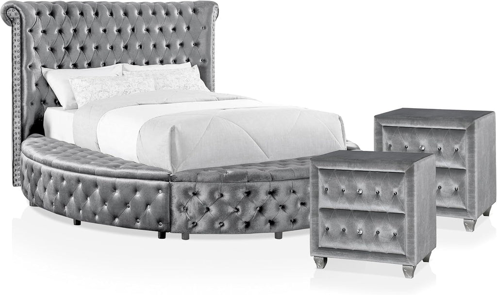 Furniture of America Rhodo Fabric Upholstered 3-Piece Bedroom Set, King Size Platform Bed and 2-Drawer Nightstands with USB Port, Button Tufted Headboard, No Box Spring Required, Gray