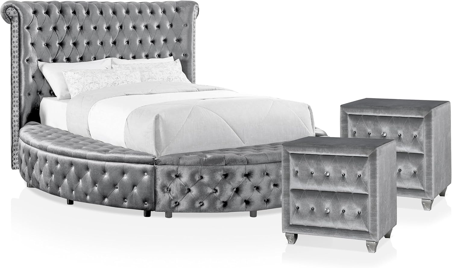 Furniture of America Rhodo Fabric Upholstered 3-Piece Bedroom Set, King Size Platform Bed and 2-Drawer Nightstands with USB Port, Button Tufted Headboard, No Box Spring Required, Gray