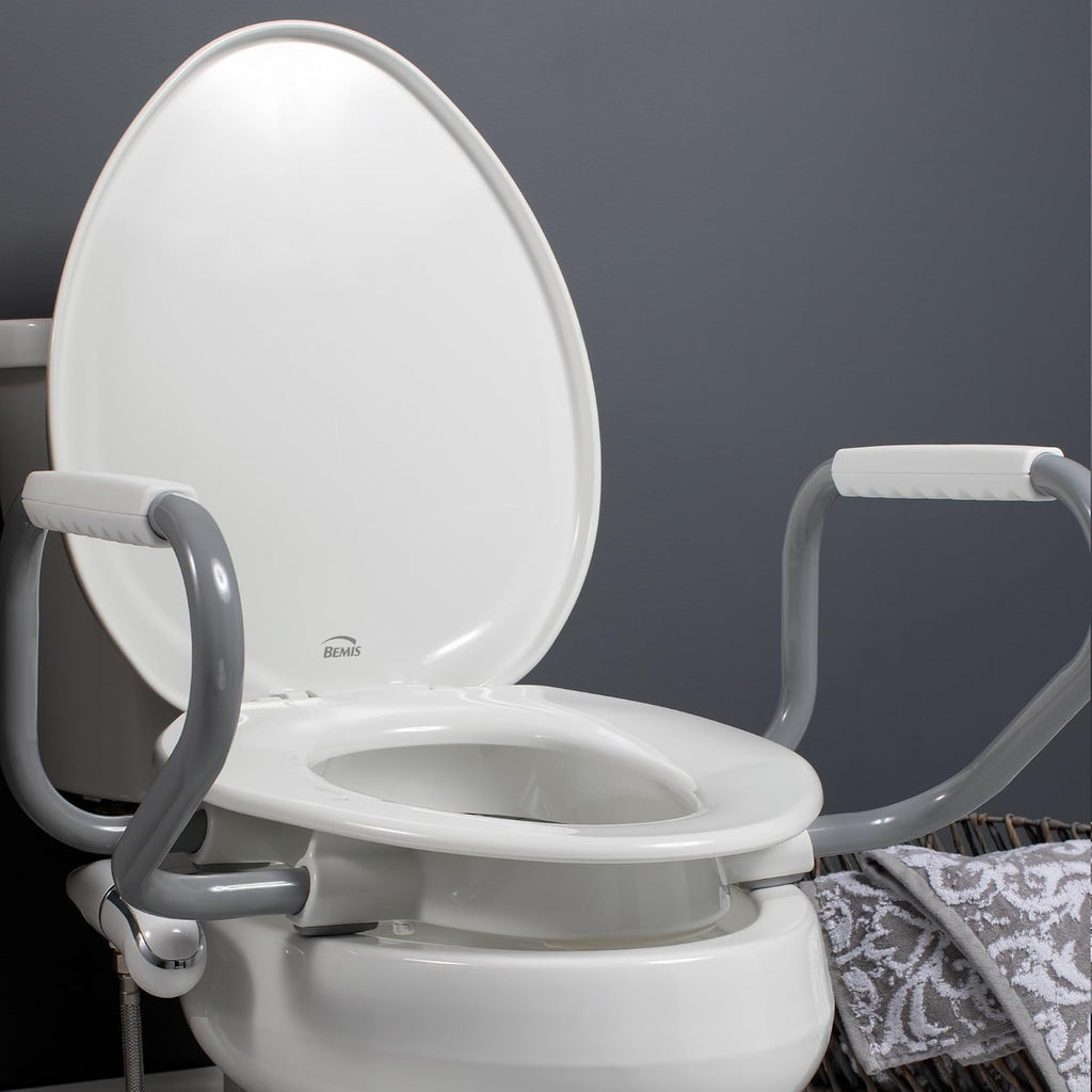 Bemis Assurance 3' Raised Toilet Seat with Handles and Bidet Attachment, Therapist Preferred for Safety, Secure Hinges, Clean Shield Guard, Round, White