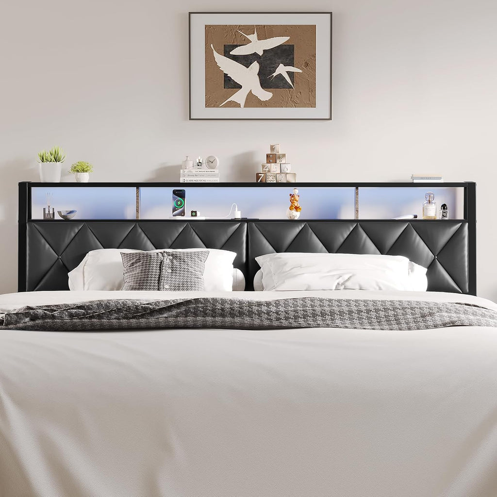 King Headboard Only, Headboard for King Size Bed with Storage, Upholstered Headboards with LED Lights & Charging Station, Attach Frame, Ideal for Bedroom/Dorm/Guest Room, Black, Faux Leather