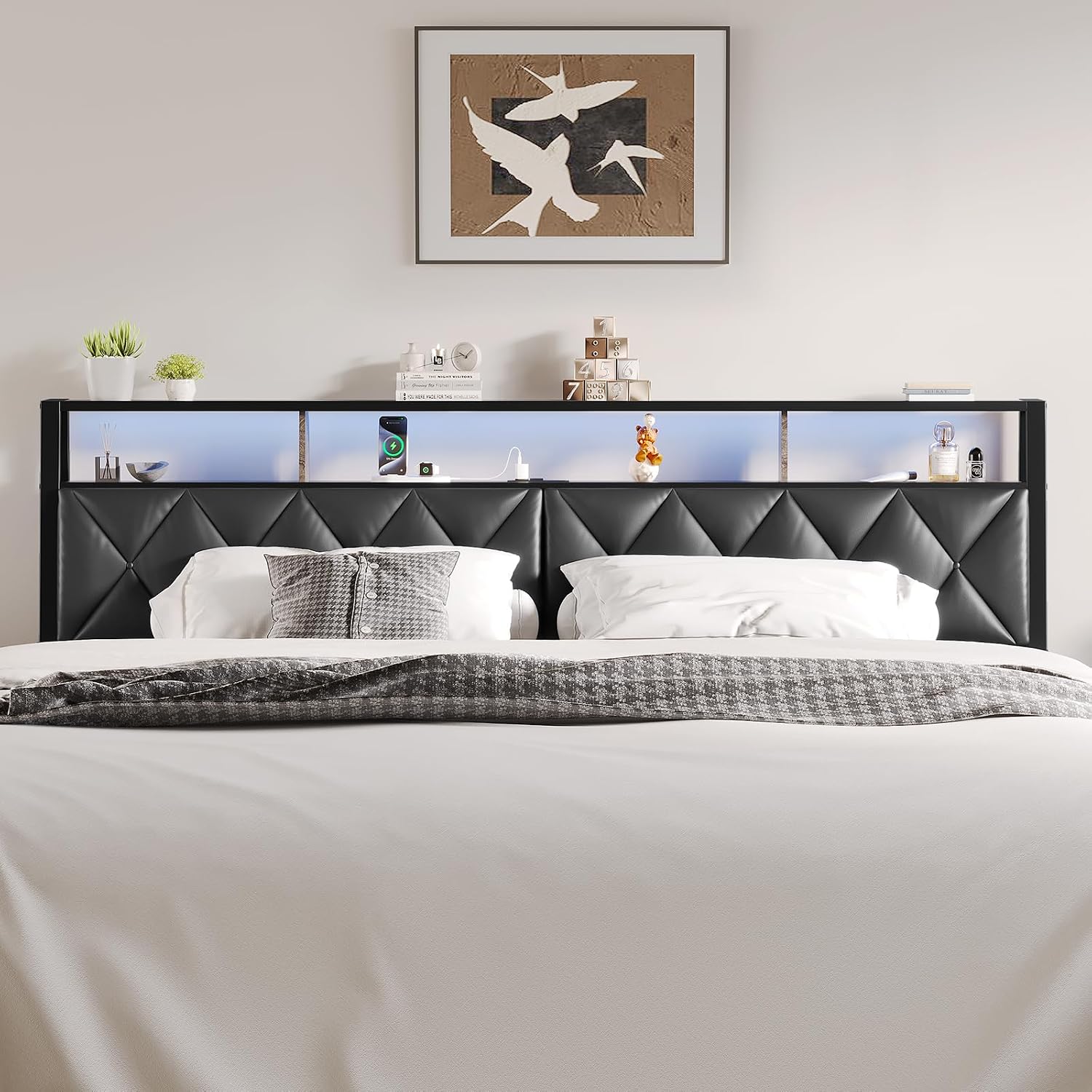 King Headboard Only, Headboard for King Size Bed with Storage, Upholstered Headboards with LED Lights & Charging Station, Attach Frame, Ideal for Bedroom/Dorm/Guest Room, Black, Faux Leather
