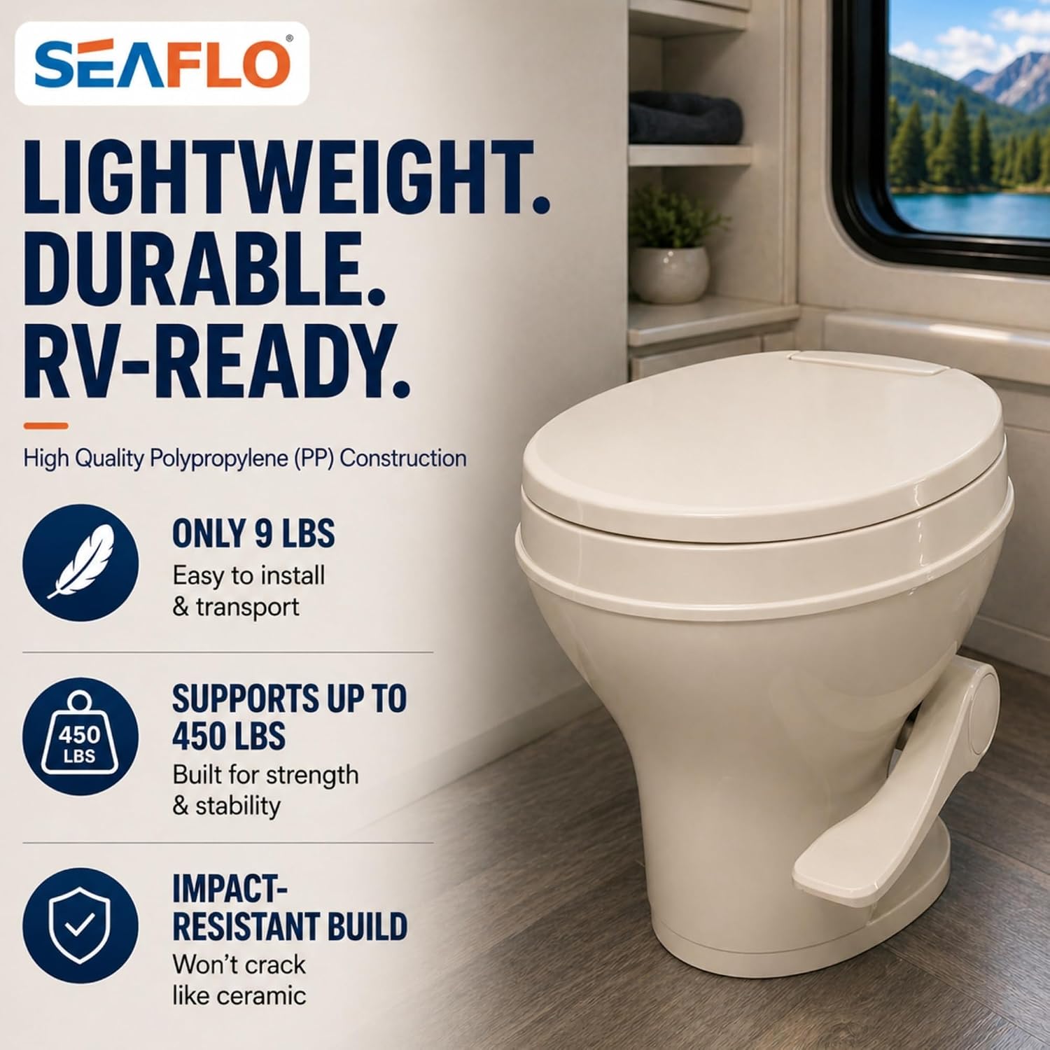 SEAFLO Residential Height Bone Camper/RV Toilet with Sprayer Attachment, 18.5' Standard Height, Gravity Flush System, Pedal Operation, Soft Close Seat, 4-Year Warranty (Bone W/Sprayer Attachment)