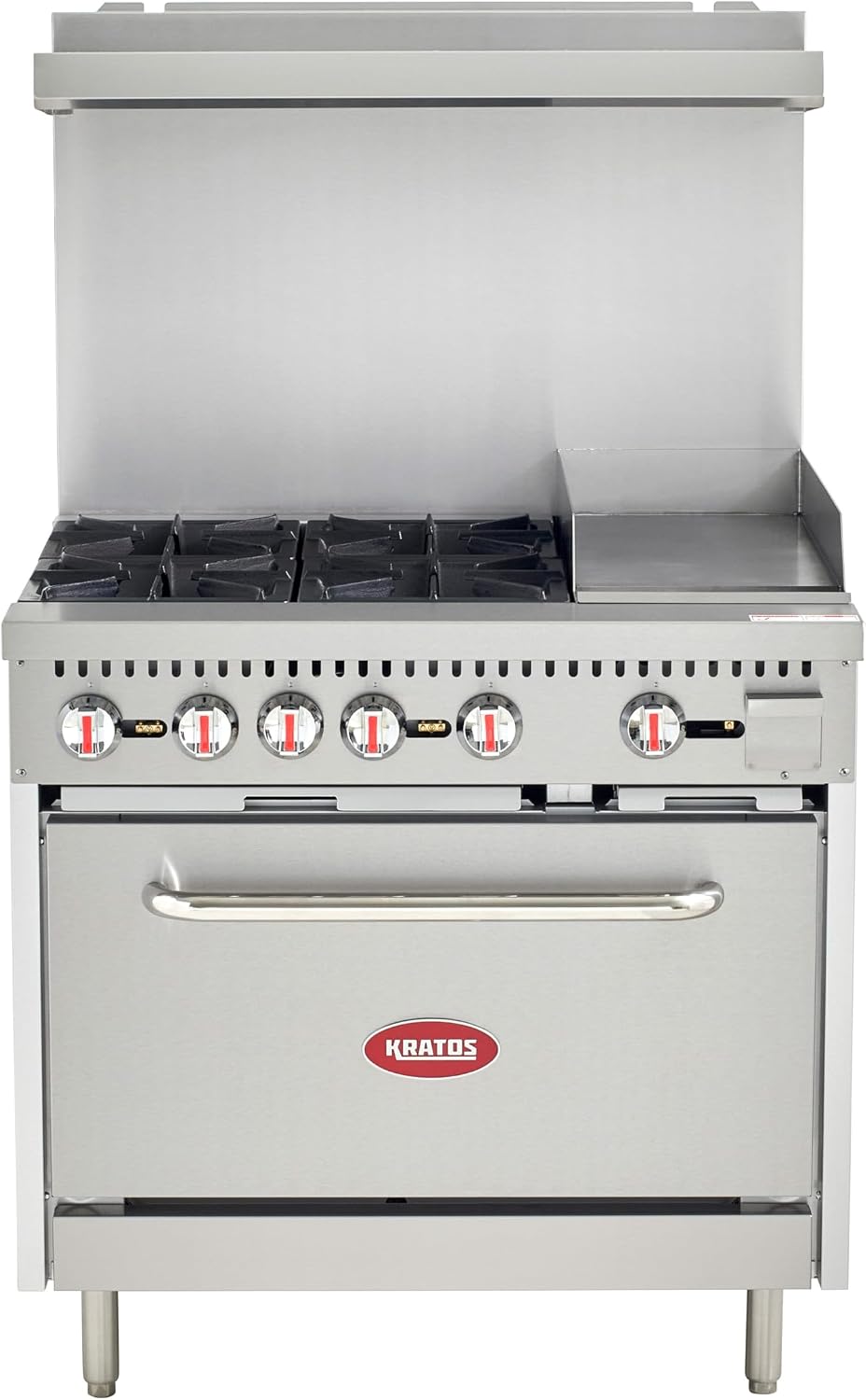 Kratos Commercial Gas Range, 36' Wide with 12' Griddle, 4 Burners, and 1 Standard Oven, Natural Gas (29Y-173-NAT)