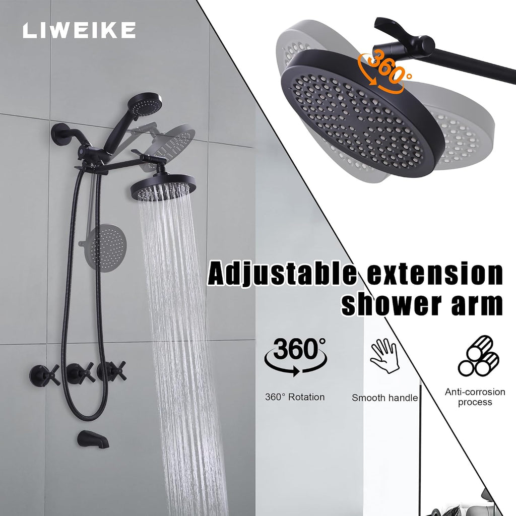 LIWEIKE 3 Handle Tub Shower Faucet Set Matte Black Three Knob Shower Faucet with Tub Spout and Adjustable Extension Shower Arm Roug-in Valve