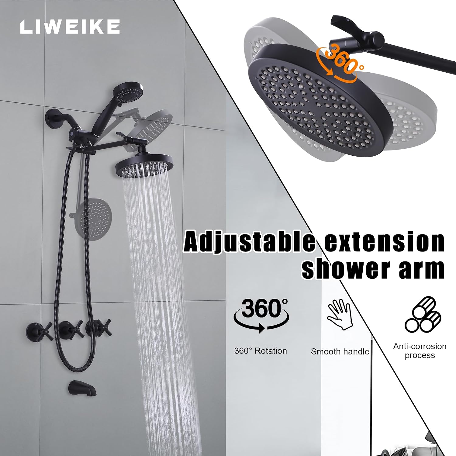 LIWEIKE 3 Handle Tub Shower Faucet Set Matte Black Three Knob Shower Faucet with Tub Spout and Adjustable Extension Shower Arm Roug-in Valve