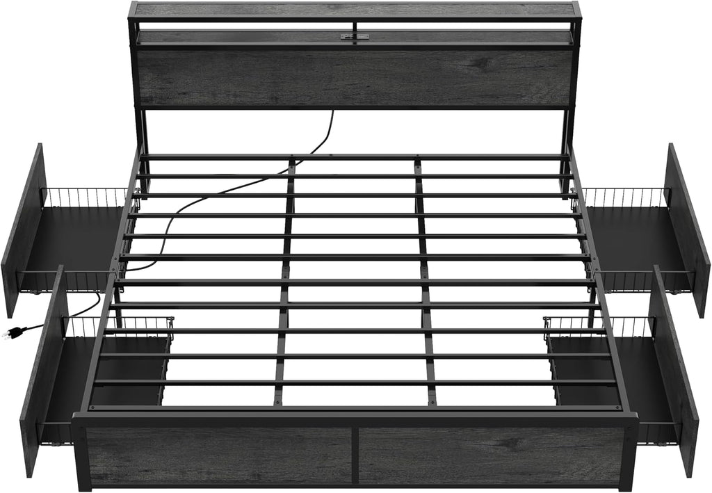 LIKIMIO King Size Bed Frame with 4 Storage Drawers, 2-Tier Storage Headboard with Charging Station, Double Bed Frame King Size for Bedroom, No Box Spring Needed, Easy Assembly, Charcoal Grey
