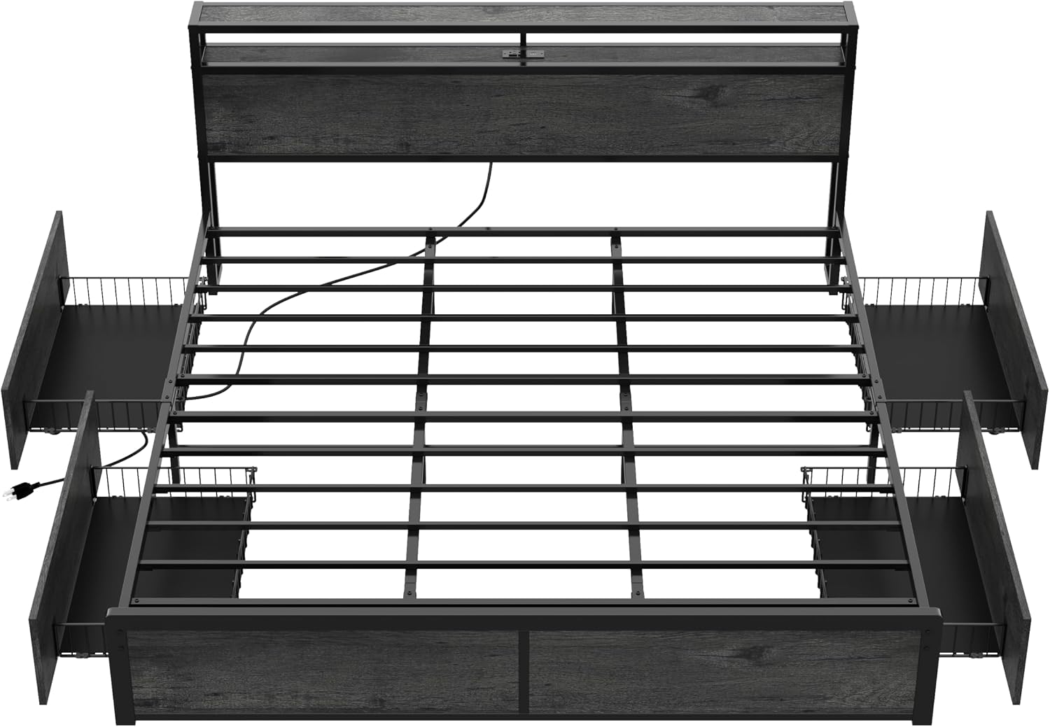 LIKIMIO King Size Bed Frame with 4 Storage Drawers, 2-Tier Storage Headboard with Charging Station, Double Bed Frame King Size for Bedroom, No Box Spring Needed, Easy Assembly, Charcoal Grey