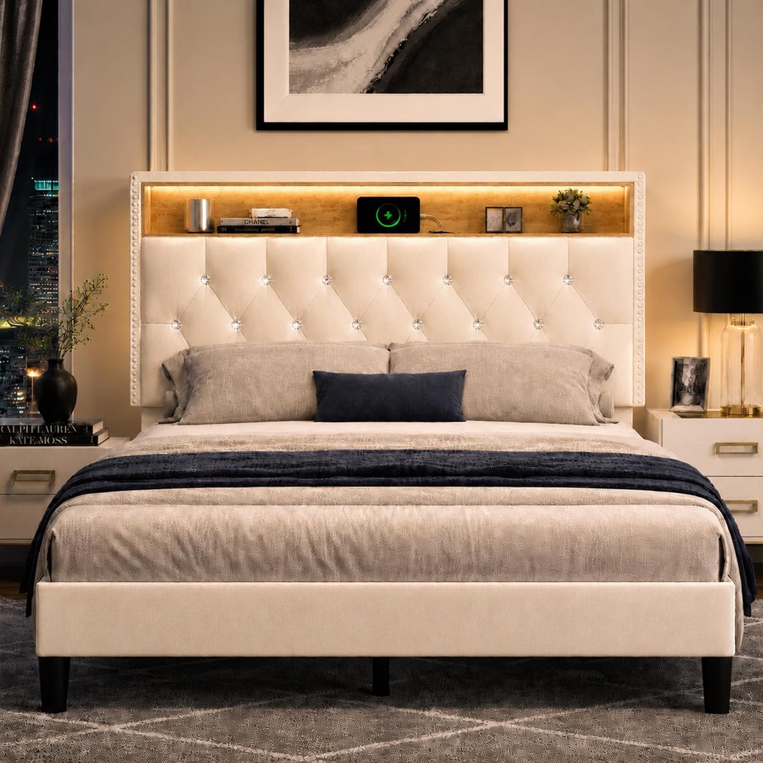 HOMBCK Full Size Bed Frame with LED Lights, Velvet Upholstered Bed Frame Full with Charging Station and Storage Headboard, Modern Diamond and Rivet Design, No Box Spring Needed, Easy Assembly, Beige