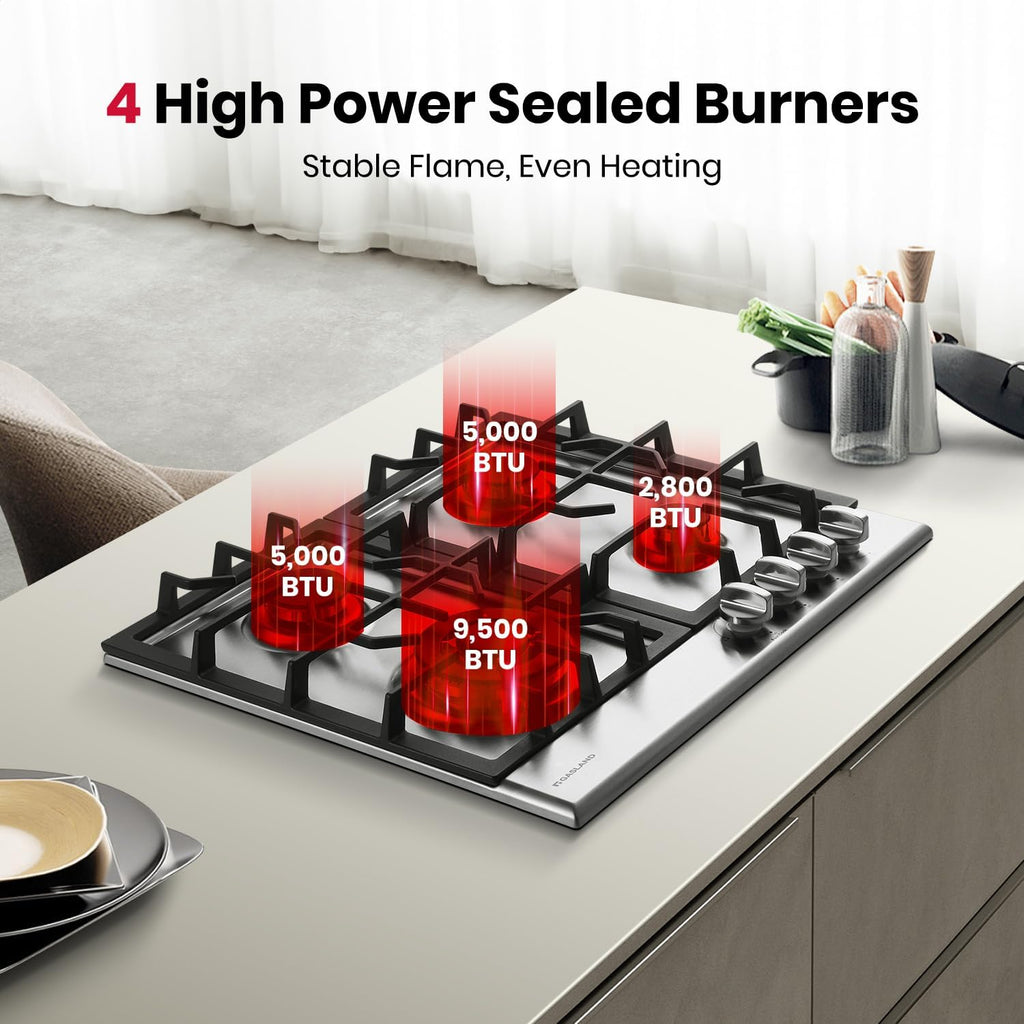 GASLAND 24 Inch Gas Cooktop with Griddle, 4 Sealed Burners Stovetop, LPG/NG Convertible Dual Fuel Natural Gas Hob, Heavy Duty Cast Iron Grates, Electronic Ignition, Zinc Alloy Knobs, Stainless Steel