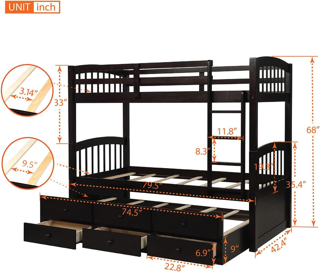 Harper&Bright Designs Twin Over Twin Bunk Bed with Safety Rail, Ladder, Twin Trundle Bed with 3 Drawers for Bedroom, Guest Room Furniture, Dark Espresso