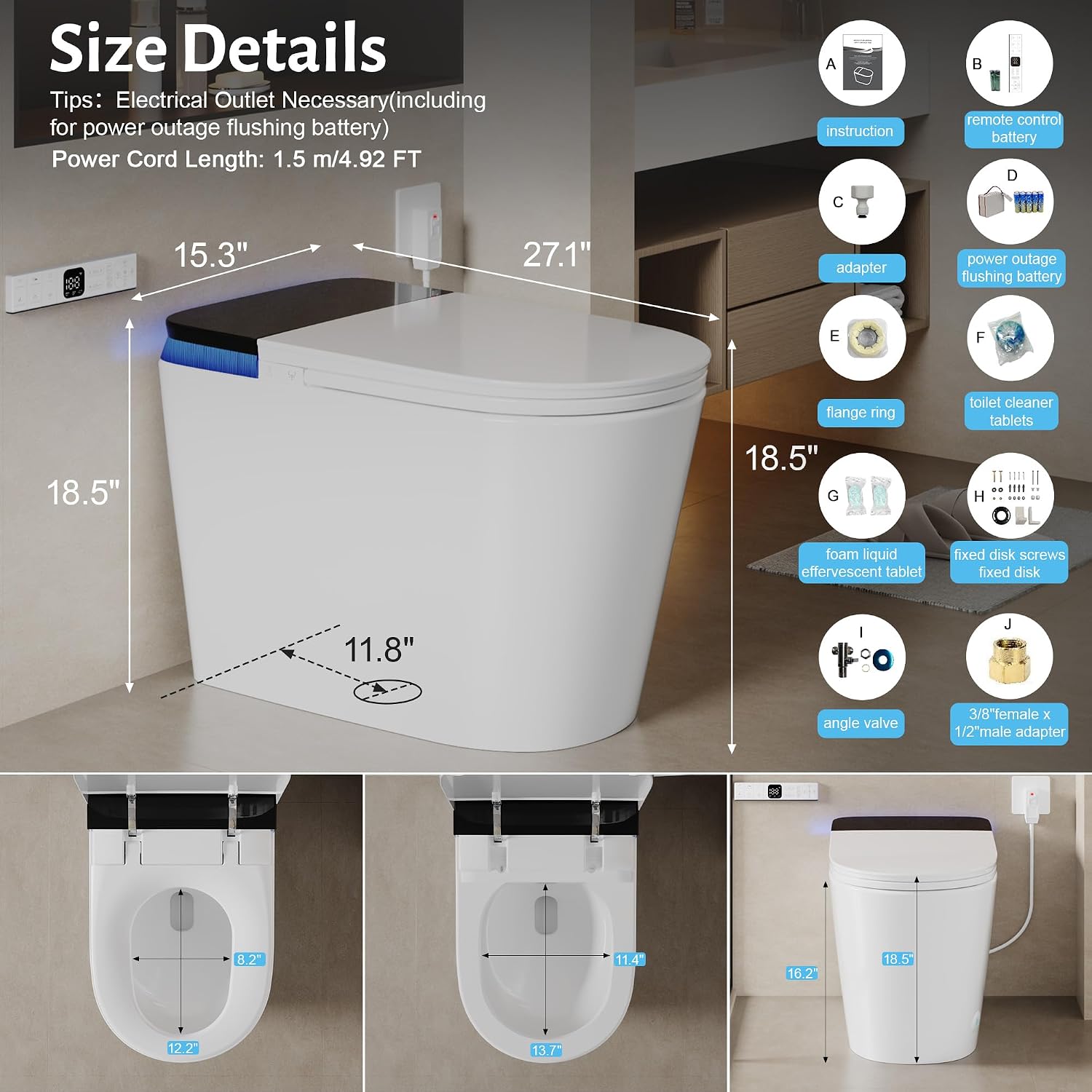 Luxury Smart Toilet with Tank, Elongated Electric Bidet Toilet with Foam Shield, Cleaner Tablets, Dual Auto Flush/Lid&Seat, Foot Sensor, UV-C light, One Piece Toilets with Dryer, LED Display