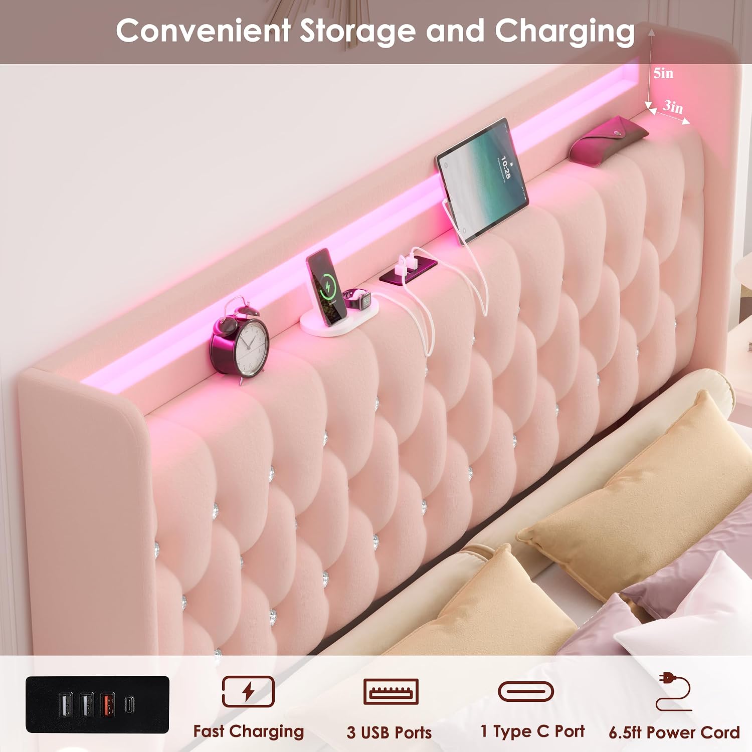 HIFIT Upholstered Queen LED Bed Frame with Charging Station and 2 Storage Drawers, Velvet Crystal Button-Tufted Wingback Headboard, Princess Platform Bed Frames for Girls, No Box Spring Needed, Pink