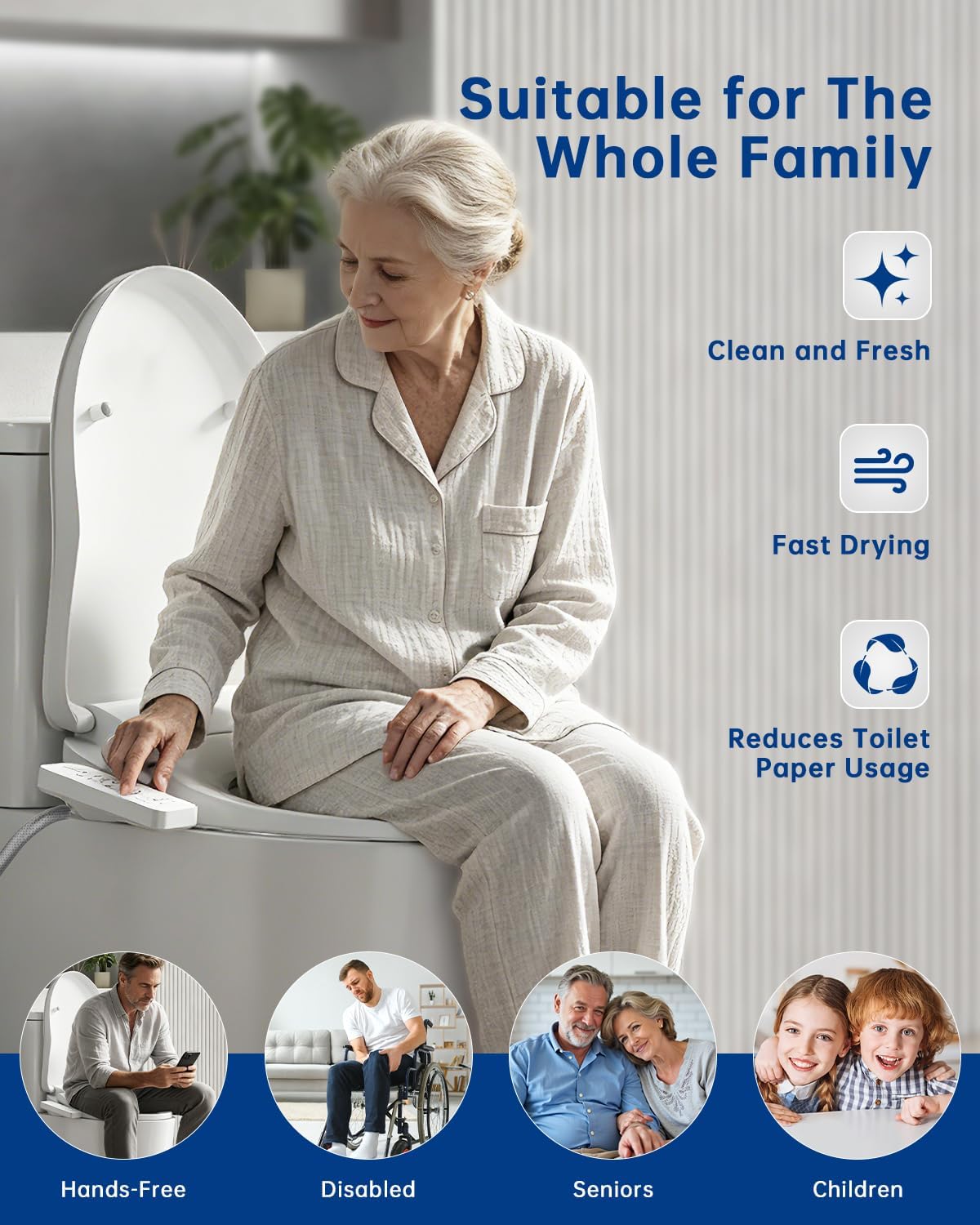 Heated Smart Toilet Seat with Feminine Wash & Dryer, Elongated Bidet with Adjustable Water Temperature, Pressure & Nozzle Position, Easy Installation & Soft-Close Lid for Modern Bathrooms