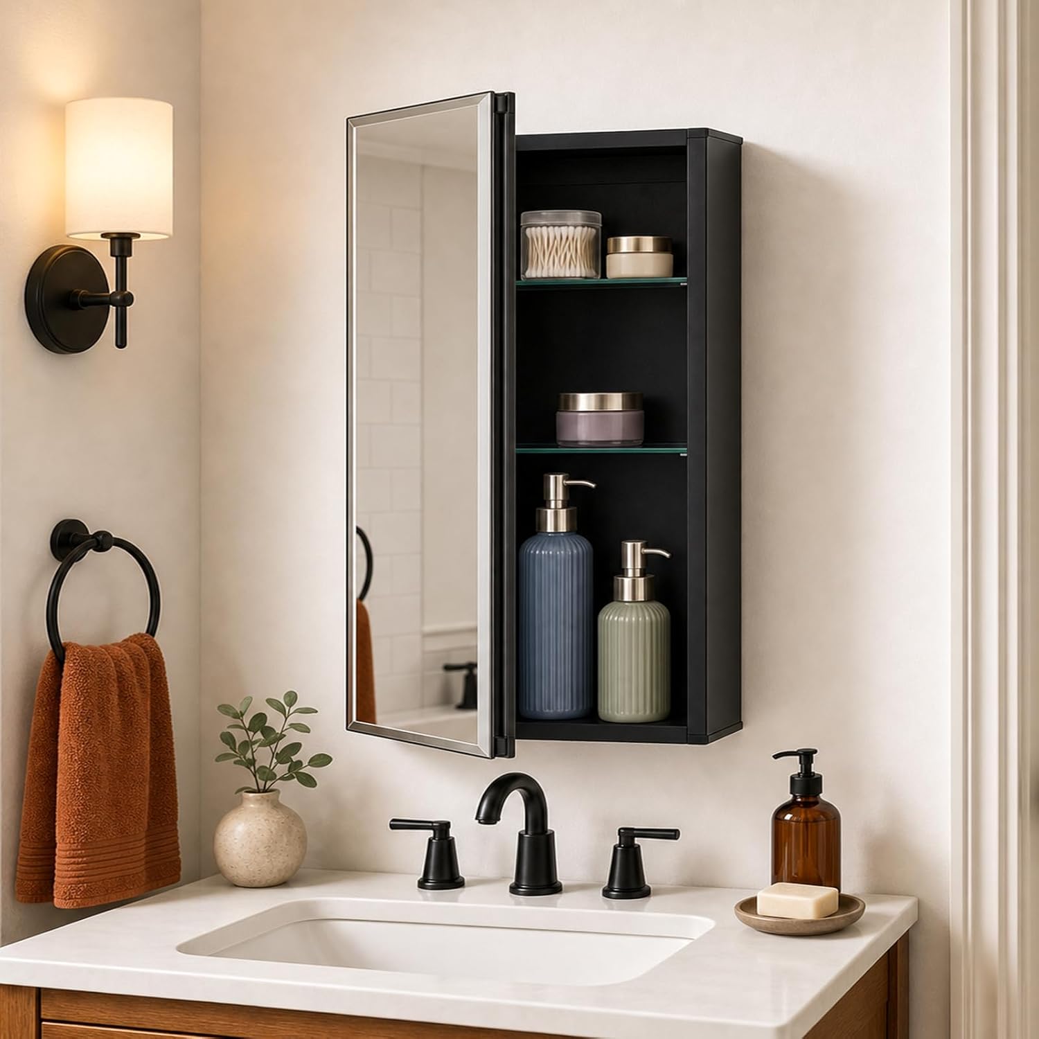 Fundin Medicine Cabinet 14 x 24 inches Mirror Size, Recessed or Surface Mount, Black Aluminum Bathroom Wall Cabinet with Mirror and Adjustable Shelves.