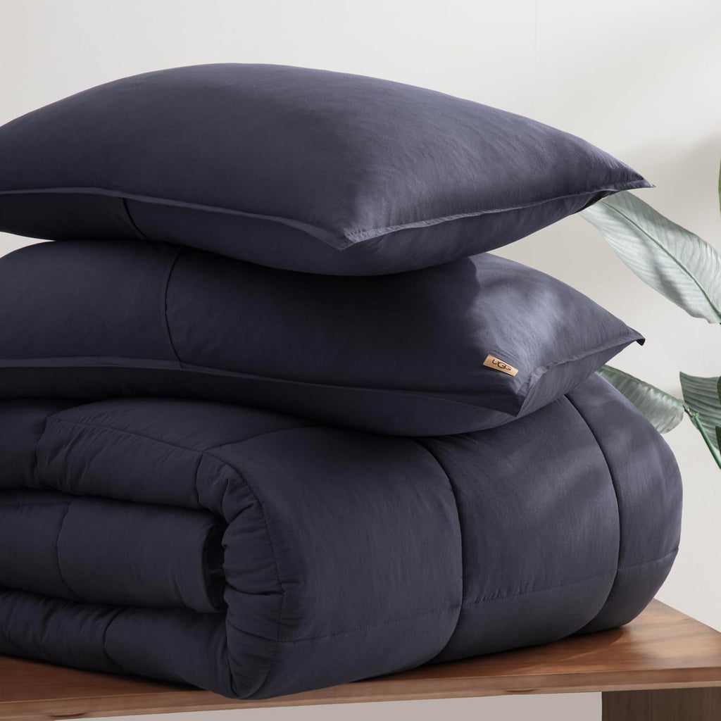 UGG Leonora Comforter Set with 2 Pillow Shams Lightweight Down Alternative Blanket Reversible Cozy Warm All Season Washable and Hypoallergenic Bedding Set, King, Navy Blue