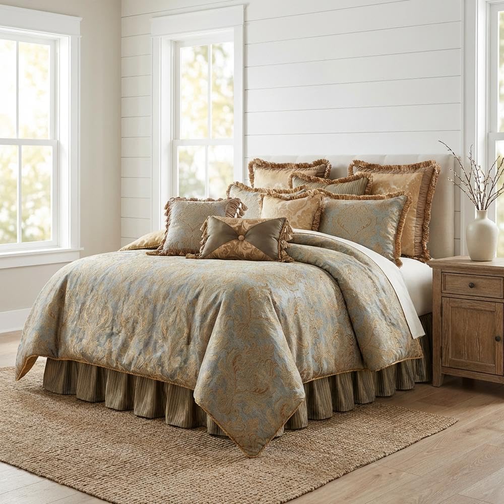 Michael Amini Elizabeth Blue Comforter Set 13-Piece King with Rayon and Polyester Face, Polyester Jacquard Back, Soft Breathable Bedding for Luxurious Bedroom Comfort and Style