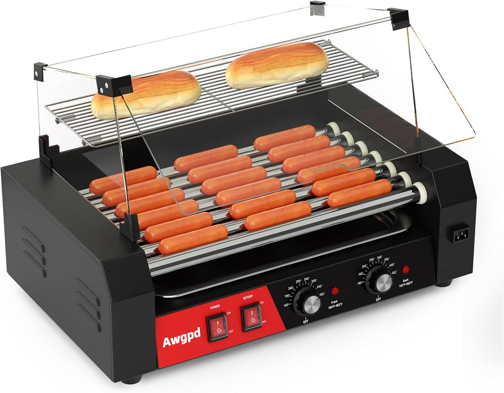 Hot Dog Roller, 18 Hot Dog 7 Rollers, Stainless Steel Hot Dog Cooker, 1050W Commercial Hot Dog Machine with Dual Temp Control, Cover, Removable Shelf & Oil Drip Tray(7 Rollers+Cover)