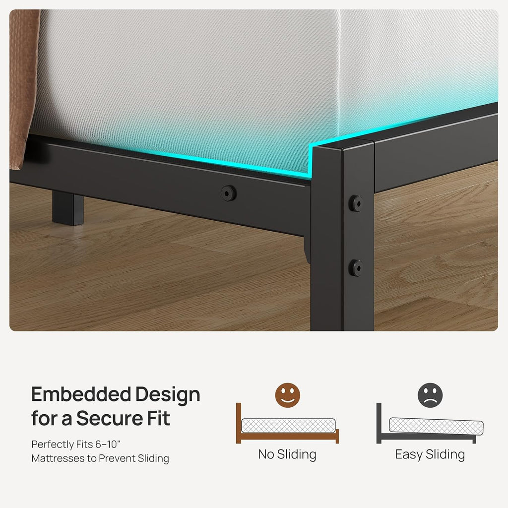 Rolanstar Full Bed Frame with Headboard, Bed Frame Full with LED Lights, Camas Full Size Bed with Charging Station, Solid Metal Slats, Noise Free, No Box Spring Needed, Black