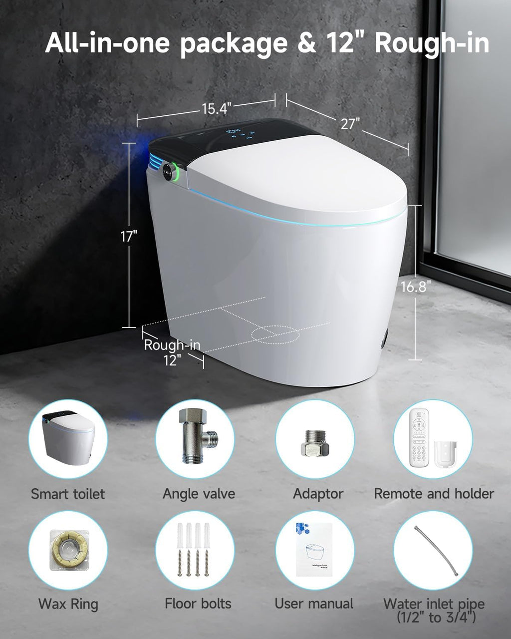 Smart Toilet with Bidet Built In, Elongated One Piece Bidet Toilet with Powerful Flush,Auto Open/Close,Foot Sensor,Heated Seat,Instant Warm Water&Dryer, 1.28 GPF