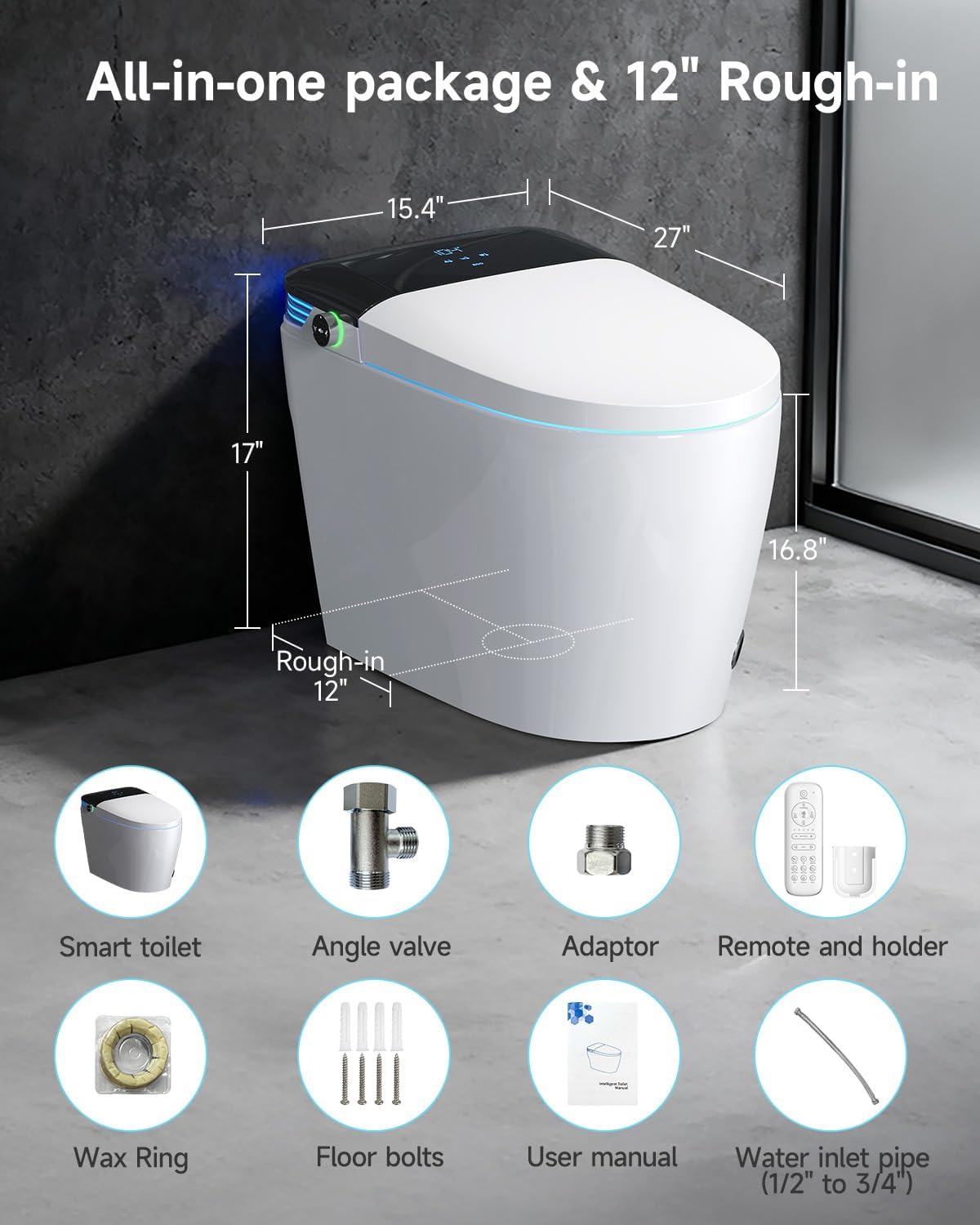 Smart Toilet with Bidet Built In, Elongated One Piece Bidet Toilet with Powerful Flush,Auto Open/Close,Foot Sensor,Heated Seat,Instant Warm Water&Dryer, 1.28 GPF