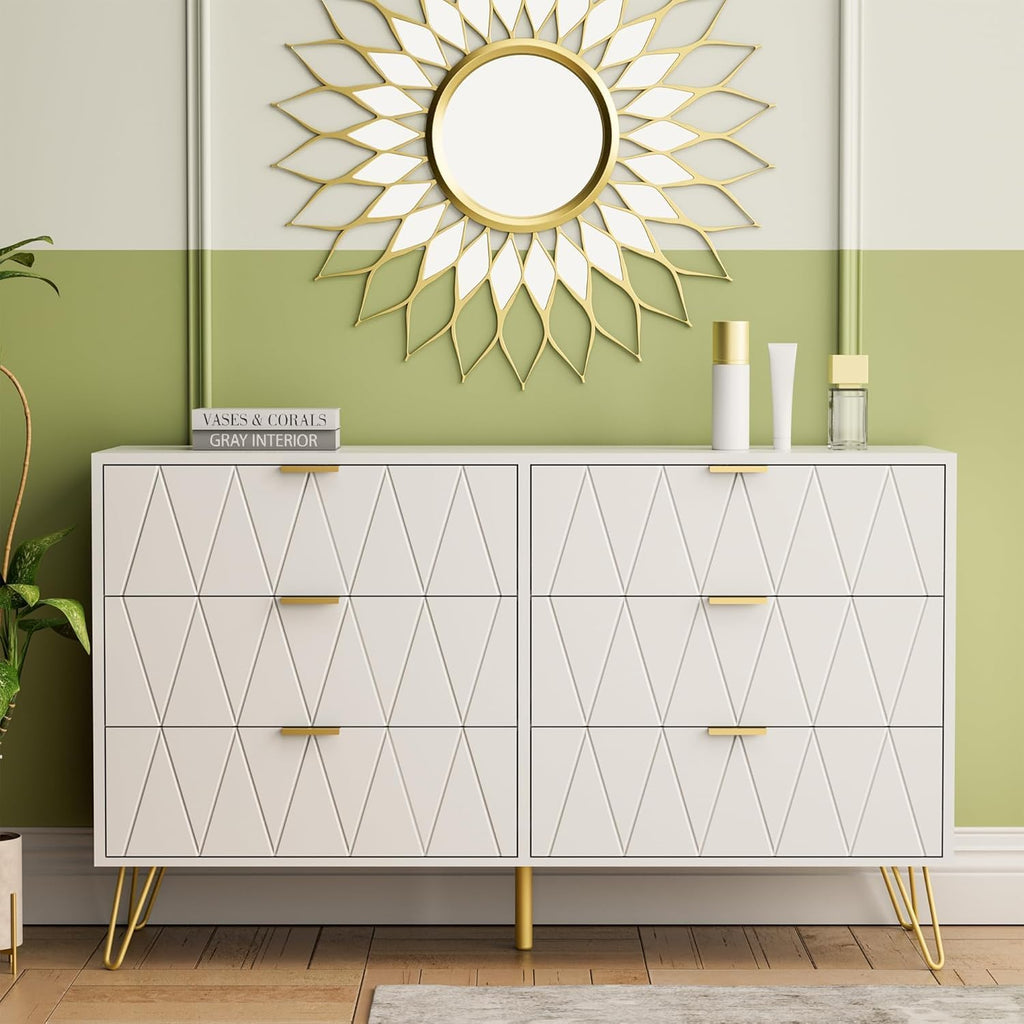 Anbuy Bedroom Sets White Sets 3 Piece, Night Stand Sets and 6 Drawer Dresser for Bedroom, Two Drawers Nightstand Set of 2 & 6 Drawer Dresser Combo 3 Pieces (White)