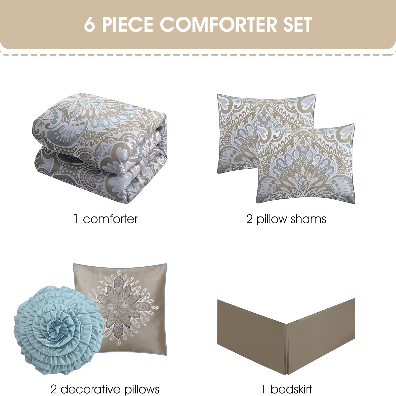 Stratford Park 6-Piece Blue Gold Comforter Set for Girls, Queen Size, Elegent Floral Bedding Set, Jacquard Design, Matching Bedskirt, Pillows & Shams