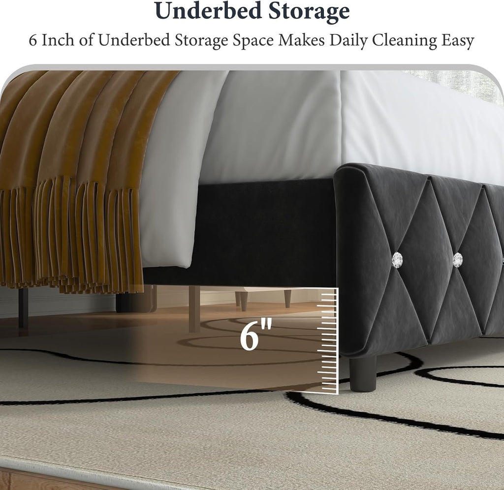 Lullabyre Full Size Bed Frame, Upholstered Bed Frame with Diamond Tufted Headboard, Modern Silverside Wingback, No Box Spring Needed, Easy Assembly, Black