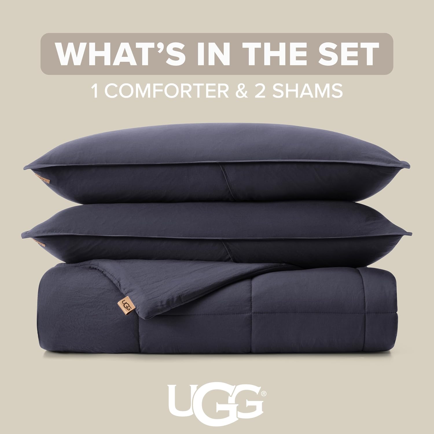 UGG Leonora Comforter Set with 2 Pillow Shams Lightweight Down Alternative Blanket Reversible Cozy Warm All Season Washable and Hypoallergenic Bedding Set, King, Navy Blue
