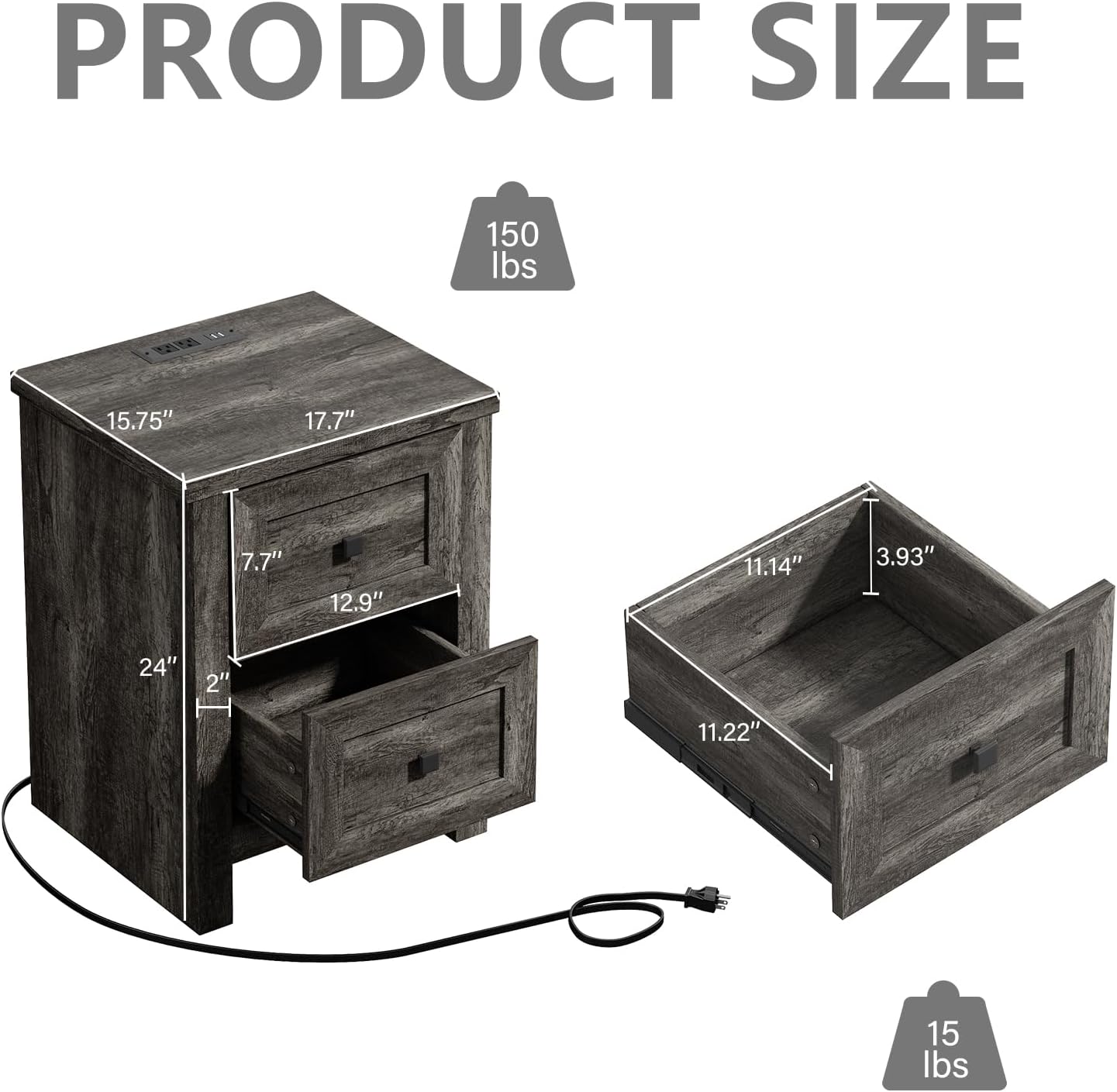LUXOAK 3 Pieces Bedroom Sets, Includes King Size Lift Up Storage Platform Bed Frame, 2 Drawers Farmhouse Nightstand Set of 2 with Charging Station, No Box Spring Needed, Rustic Grey