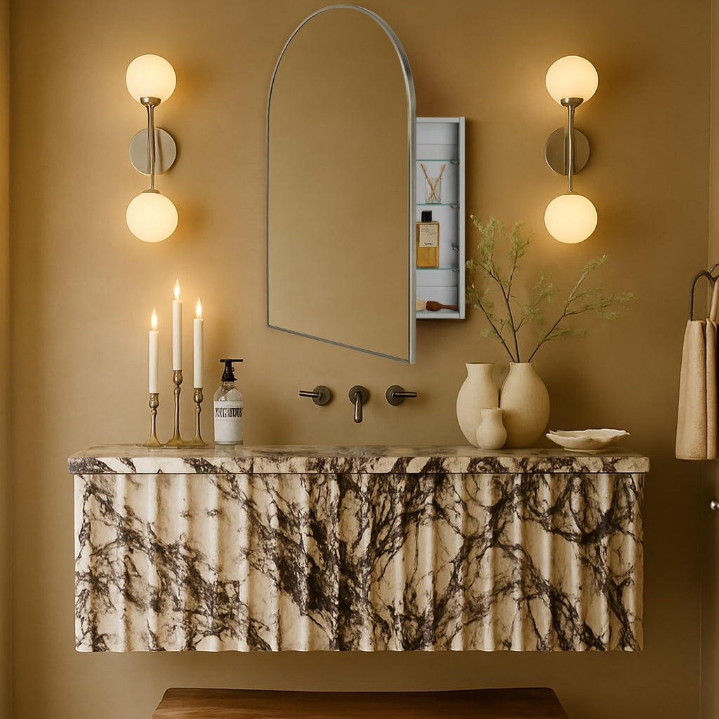 TEHOME 20 x 30'' Brush Nickel Arched Bathroom Medicine Cabinet with Mirror Recessed and Surface Mount Medicine Cabinet Mirror