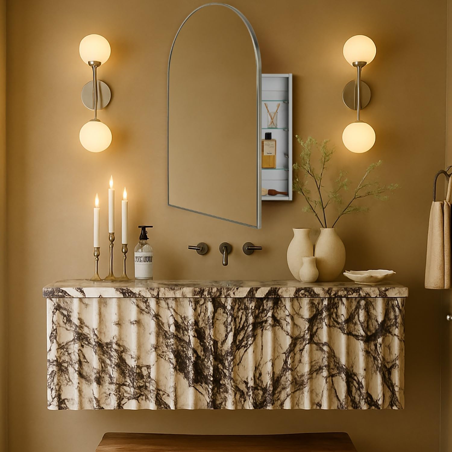 TEHOME 20 x 30'' Brush Nickel Arched Bathroom Medicine Cabinet with Mirror Recessed and Surface Mount Medicine Cabinet Mirror
