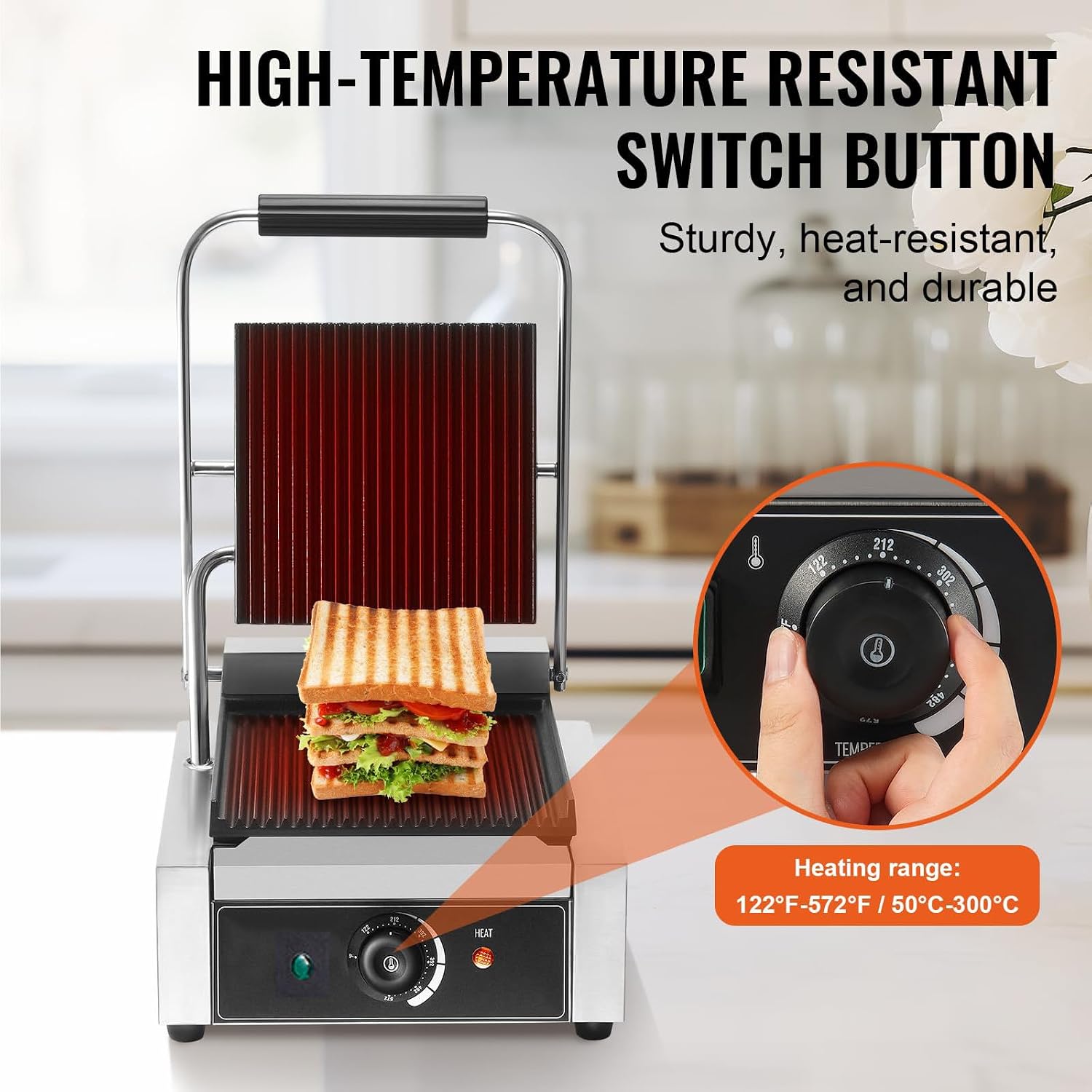 1800W Panini Grill, Sandwich Maker, Commercial Smokeless Indoor Grill, Removable Plates, Stainless Steel, For Steak, Hamburger, Waffle,110V