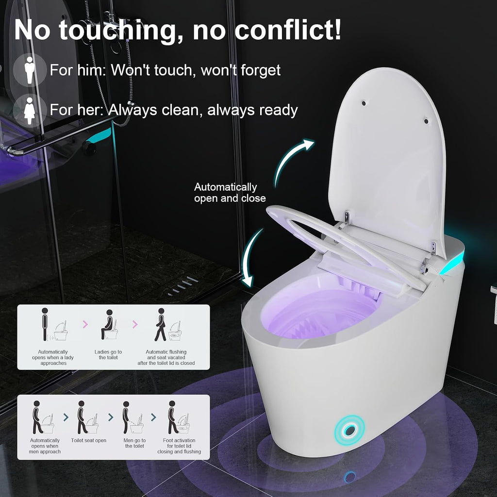 Smart Toilet with Bidet Built in, Auto Open Close & Auto Flush, Modern Elongated Tankless Toilet for Bathrooms with Heated Seat, Warm Water & Dryer, Foot Sensor and Night Light