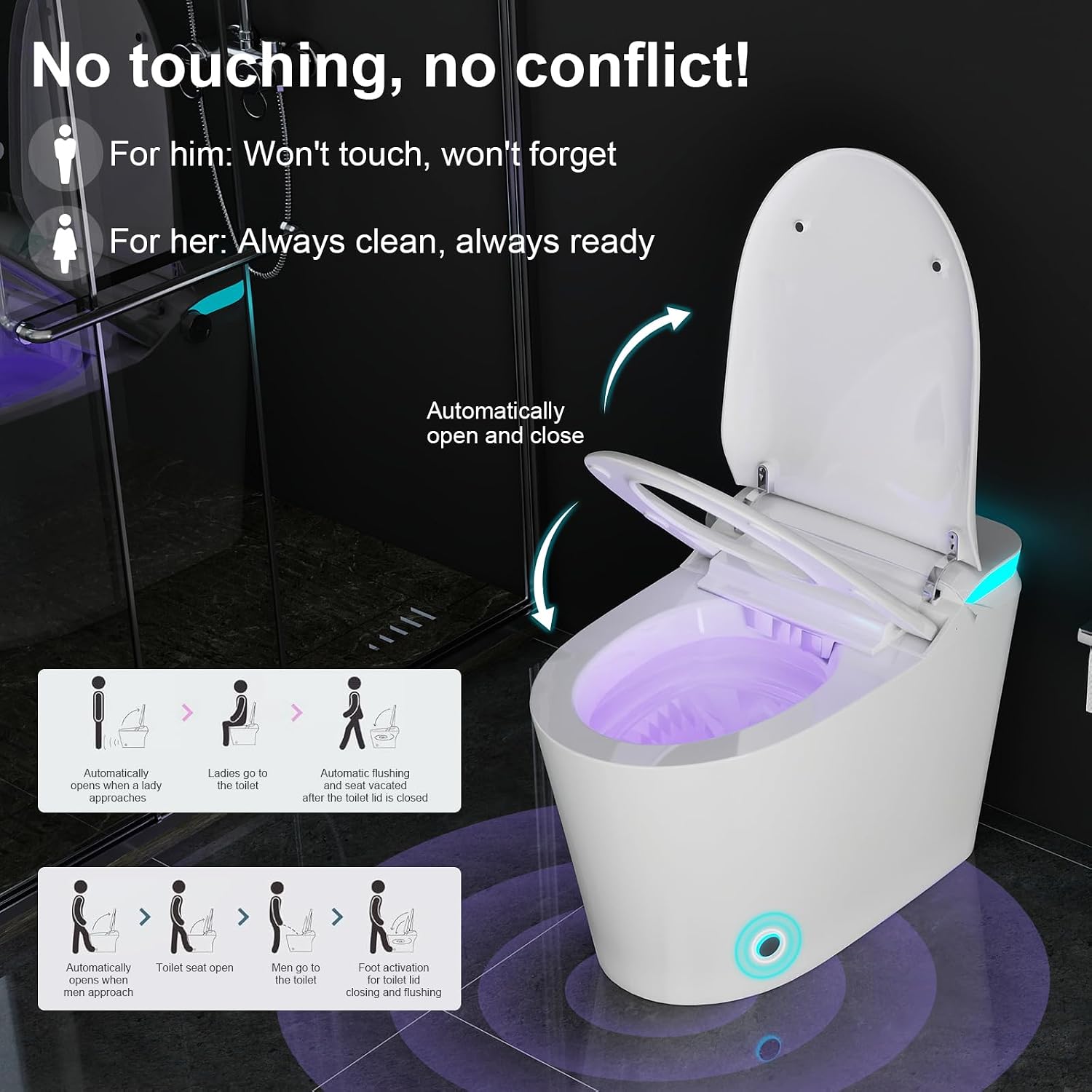Smart Toilet with Bidet Built in, Auto Open Close & Auto Flush, Modern Elongated Tankless Toilet for Bathrooms with Heated Seat, Warm Water & Dryer, Foot Sensor and Night Light