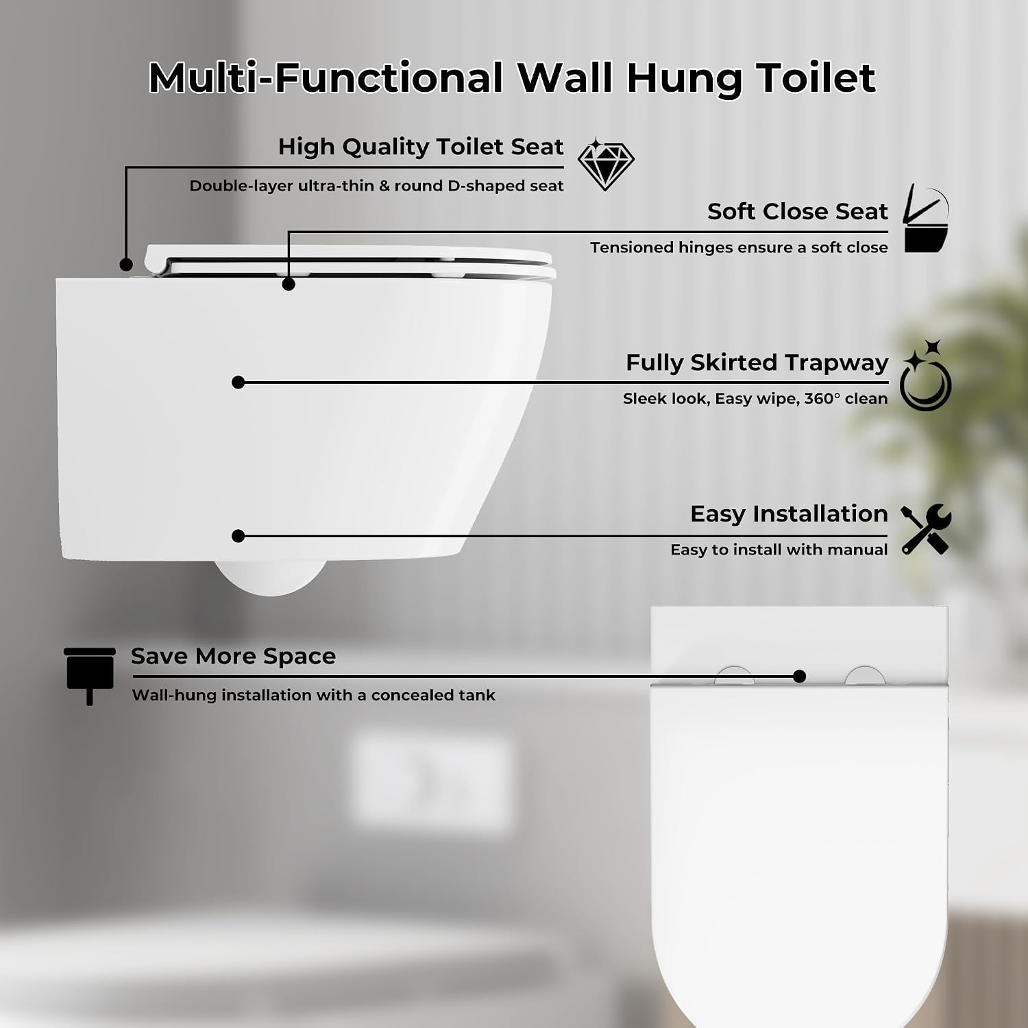 Wall Hung Toilet, Smart Toilet with in-Wall Tank System,One-Piece Bidet Toilet Combo,Heated Seat,Warm Air Dryer,Auto Flush,Space-Saving, Compact, Soft-Close Lid