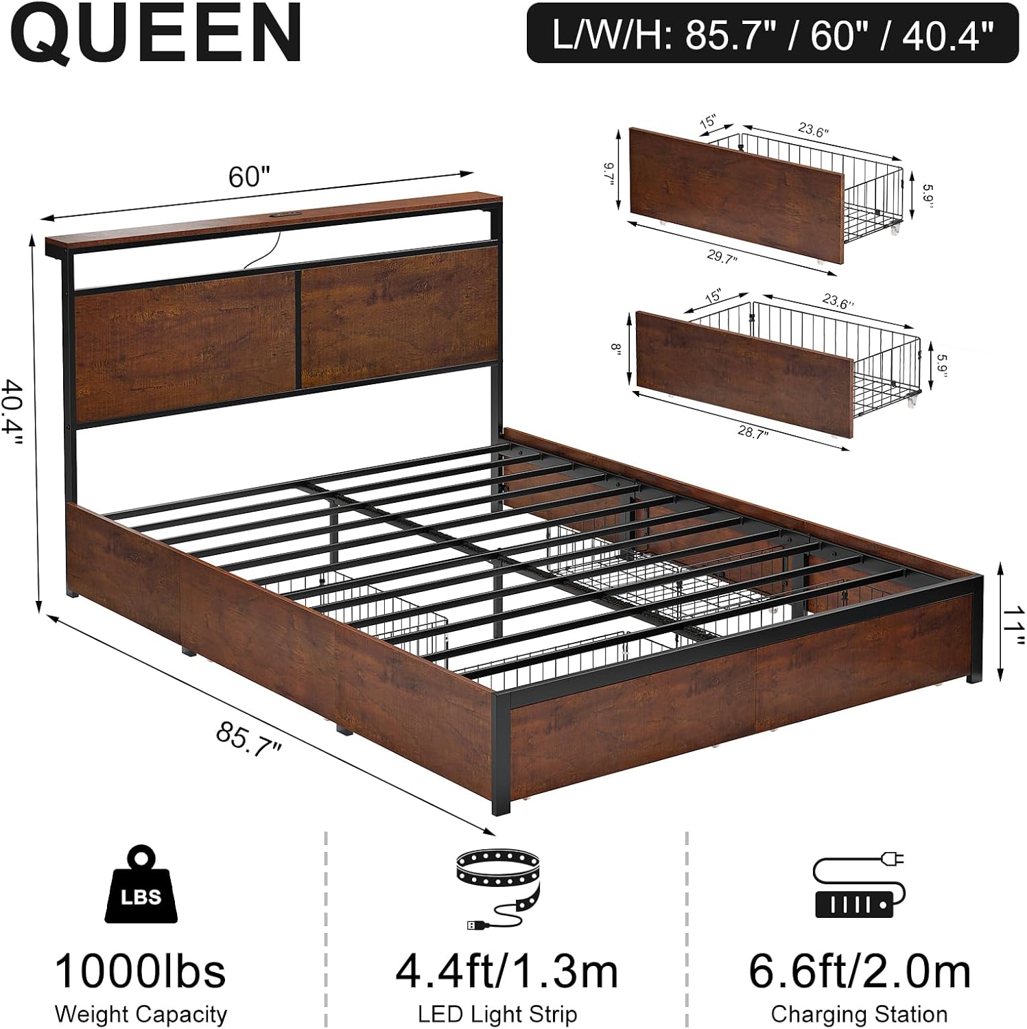 HAUSOURCE Queen Bed Frame with 4 Storage Drawers Metal Platform Bed Frame Queen Size with Headboard Charging Station LED Lights Non-Slip Without Noise No Box Spring Needed
