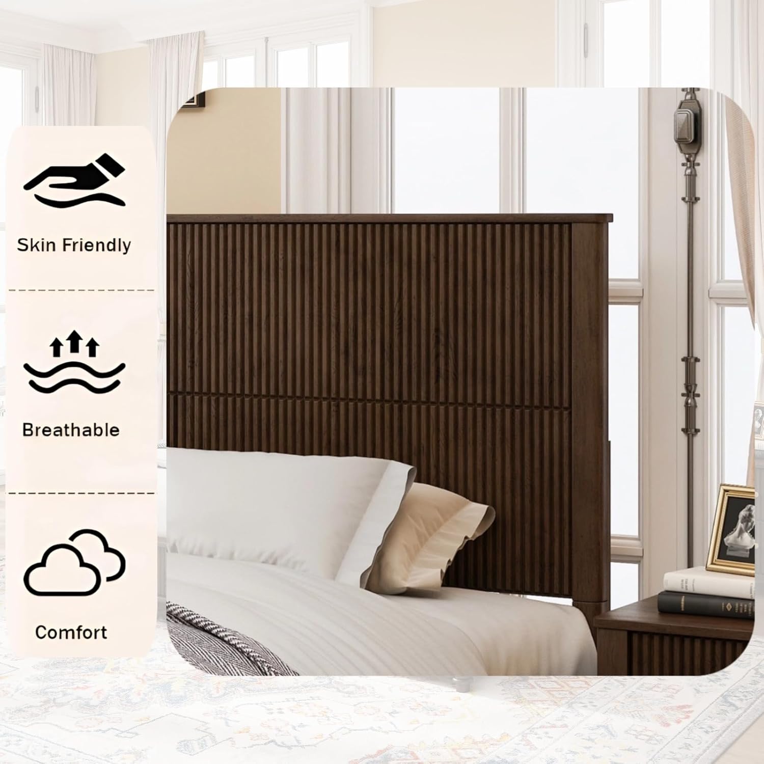 Wood King Size Bed Frame,King Size Platform Bed with Headboard, Tall Walnut Finish, No Box Spring Needed, Durable Slat Support for Memory Foam Mattresses, Elegant Design (Walnut, King)