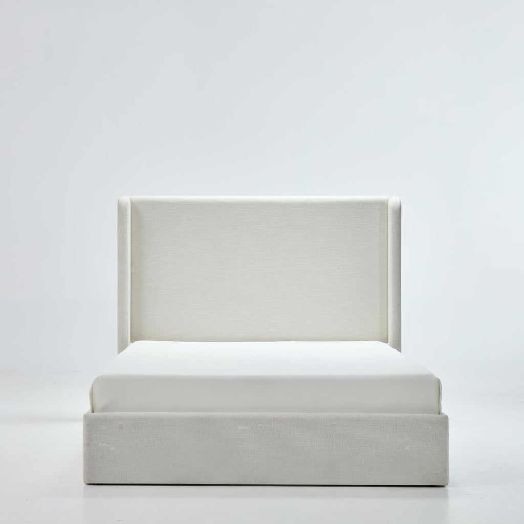 California King Size Upholstered Platform Bed Frame, 52' High Headboard Carmen Wingback Beds, Tall Headboard King Floor Bed Frames, No Box Spring Needed No Noise, Minimalist, Textured Ivory