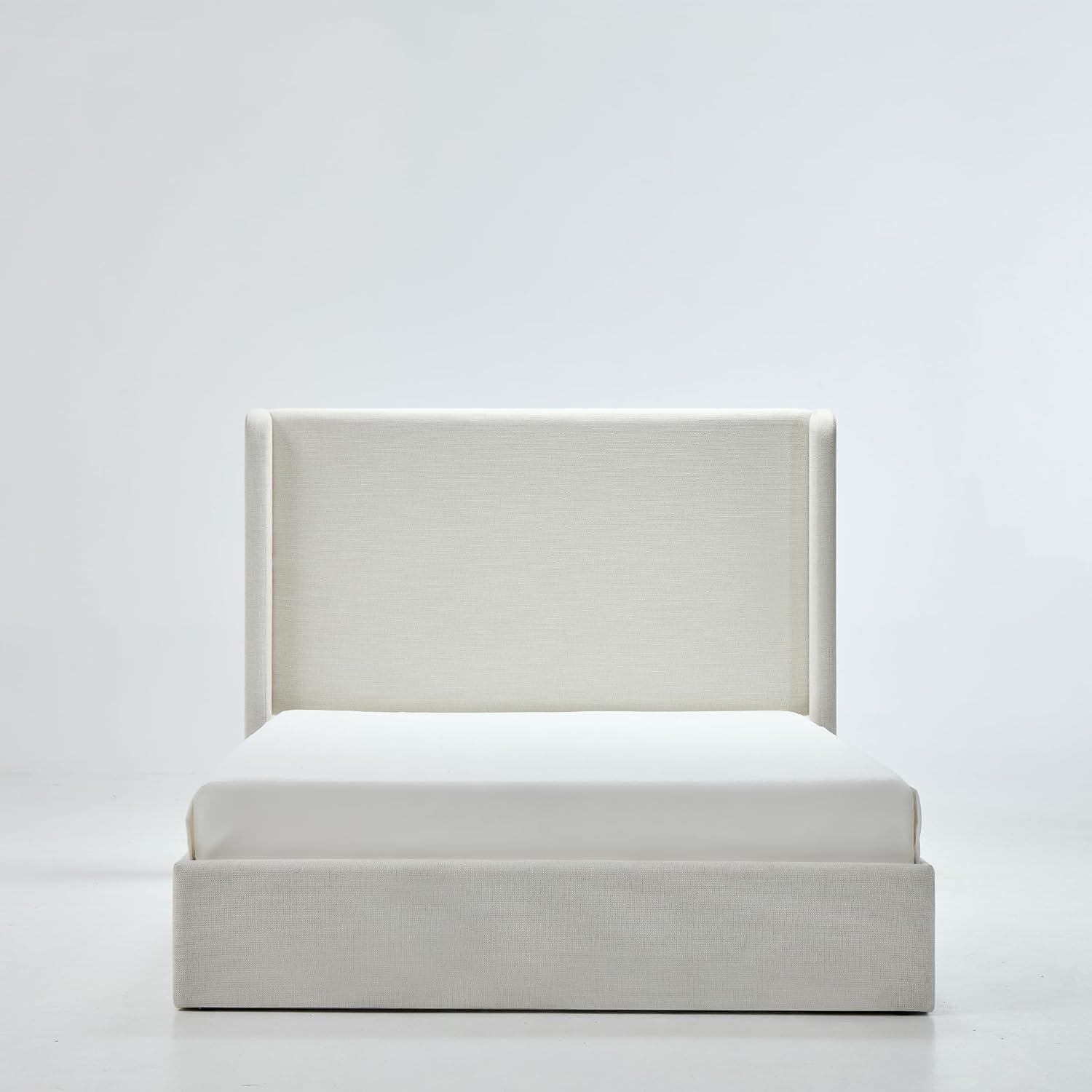 California King Size Upholstered Platform Bed Frame, 52' High Headboard Carmen Wingback Beds, Tall Headboard King Floor Bed Frames, No Box Spring Needed No Noise, Minimalist, Textured Ivory