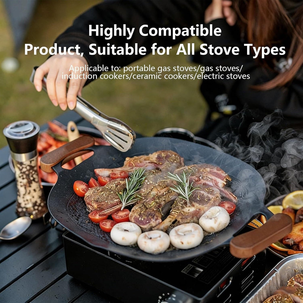 Korean Grill Pan Round BBQ Griddle with Bag Wood Handle for Indoor Outdoor Fire Camping Induction Gas Stove Electric Cooktop