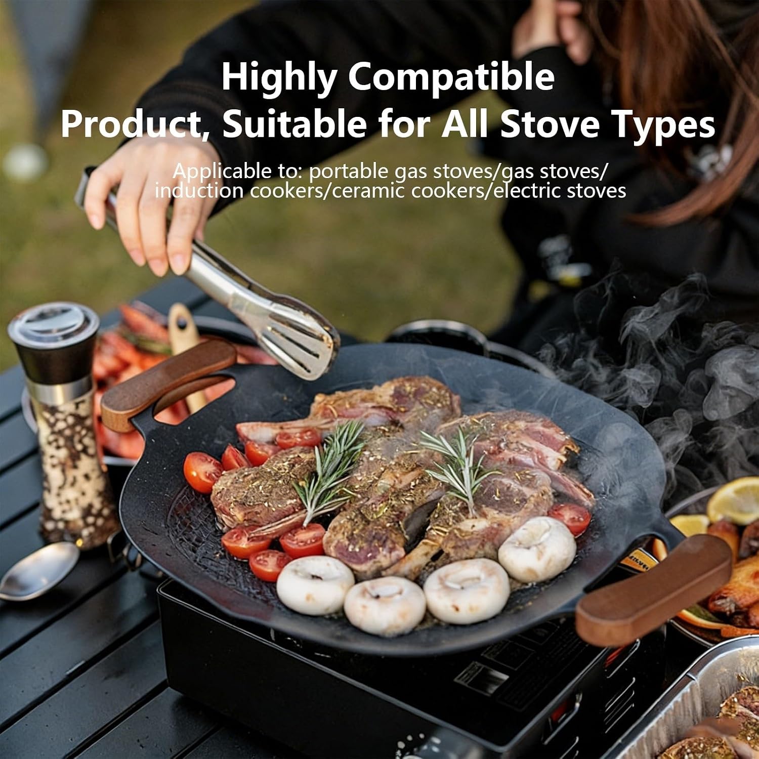 Korean Grill Pan Round BBQ Griddle with Bag Wood Handle for Indoor Outdoor Fire Camping Induction Gas Stove Electric Cooktop