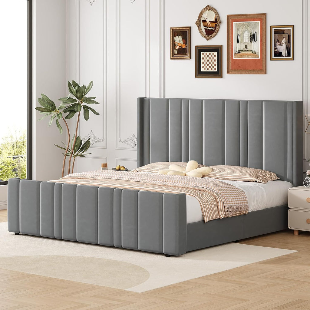 King Size Bed Frame and Headboard, Modern Velvet Upholstered Bed Frame with Vertical Channel Tufted Headboard & Footboard, Soft Bed Frame King, Noise Free, No Box Spring Needed, Easy Assembly, Grey