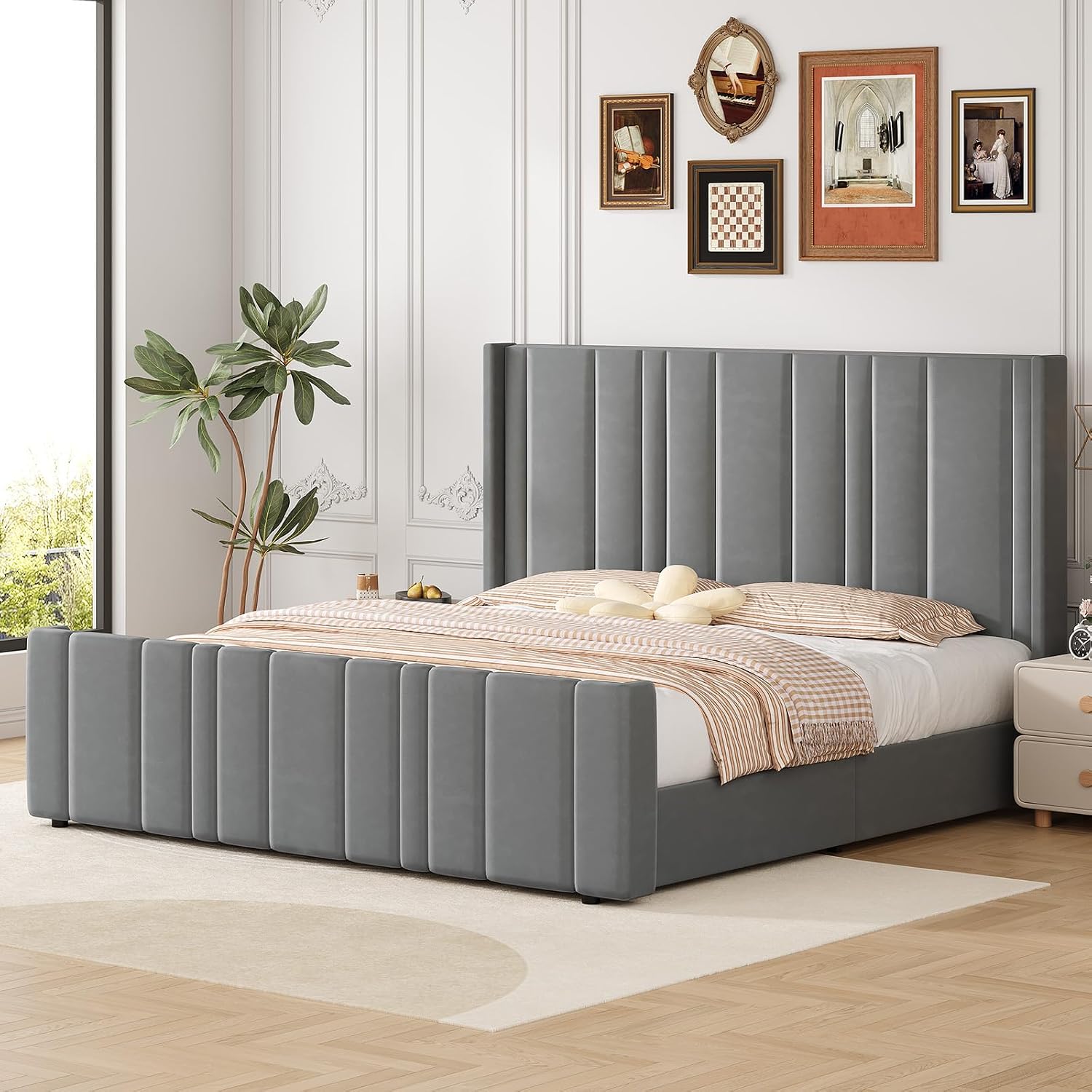 King Size Bed Frame and Headboard, Modern Velvet Upholstered Bed Frame with Vertical Channel Tufted Headboard & Footboard, Soft Bed Frame King, Noise Free, No Box Spring Needed, Easy Assembly, Grey