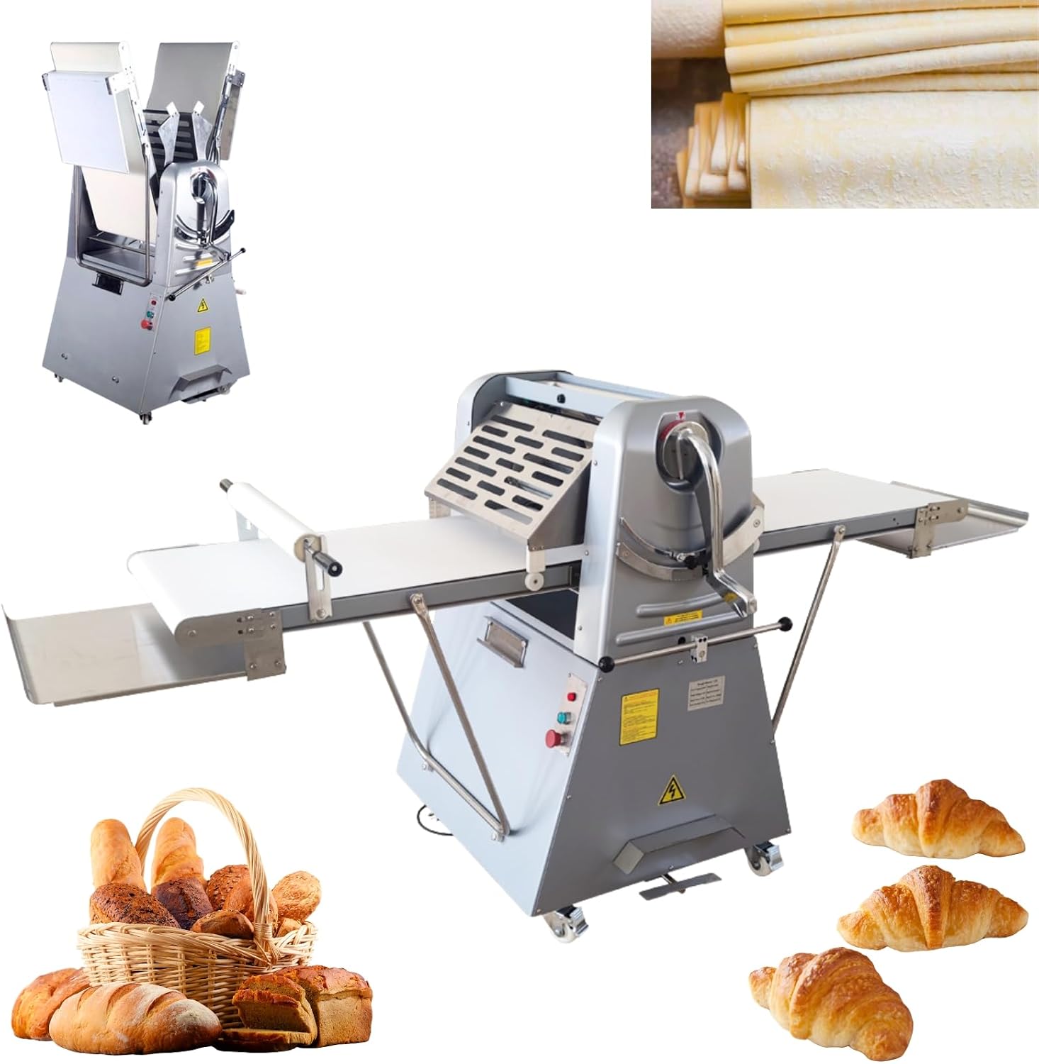 Commercial Electric Dough Sheeter Machine Stainless Steel Vertical Foldable Design 82.3'x19.7' Conveyor Belt 0.04-2' Adjustable Thickness for Croissant Pastry Bakery Canteen 110V