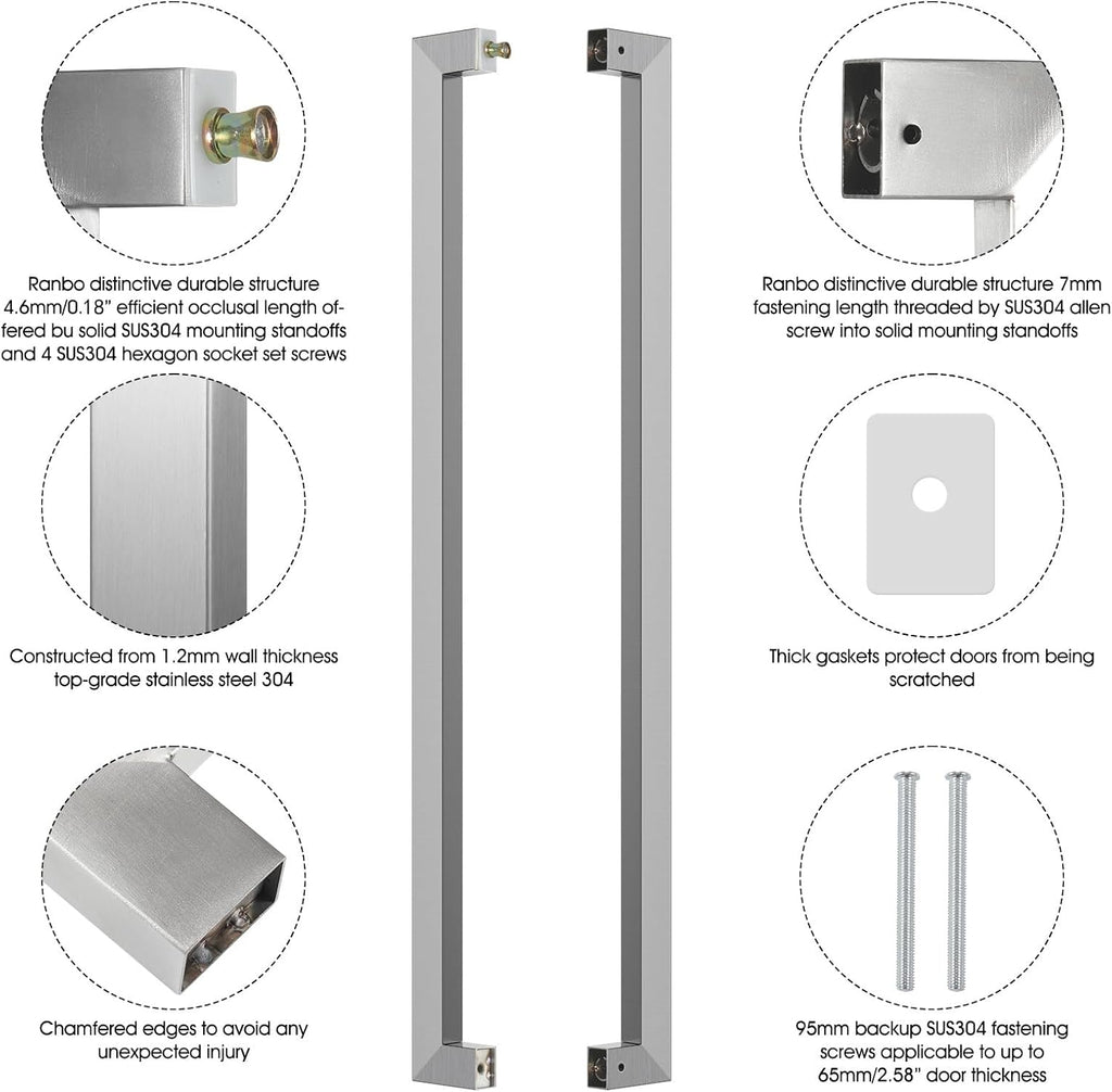 Ranbo Squared-Shaped/Rectangle 71' Large Push Pull Door Handle, Back to Back,1762mm (69 3/8 inch), 1.2 mm 304 Stainless Steel, for Barn Front Wood Shower Commercial Entrance Door,Brushed Nickel