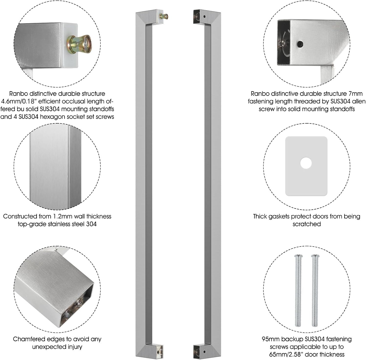 Ranbo Squared-Shaped/Rectangle 71' Large Push Pull Door Handle, Back to Back,1762mm (69 3/8 inch), 1.2 mm 304 Stainless Steel, for Barn Front Wood Shower Commercial Entrance Door,Brushed Nickel