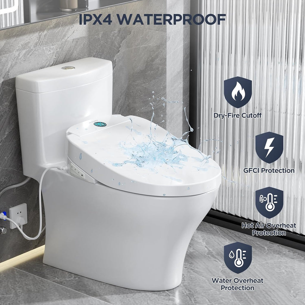 Elongated Heated Bidet Toilet Seat with Dual-Control Panel, LED Display, Instant Warm Water & Air Dryer, Self-Cleaning Nozzle, Soft-Close Lid, UV Nightlight, Child/ECO/Silent Modes