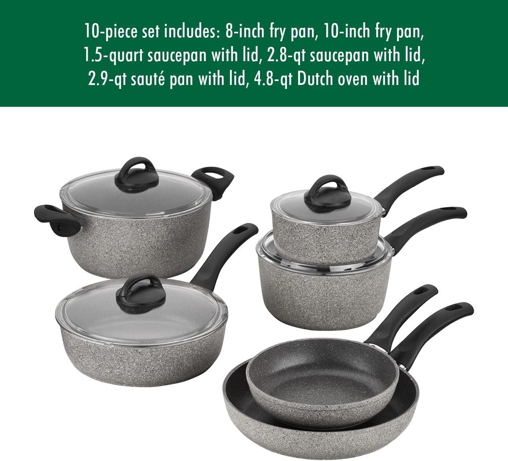 Ballarini 75001-652 Parma Forged Aluminum Nonstick Cookware Set, 10-Piece, Granite